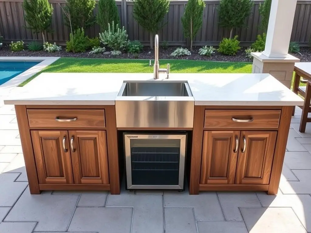 Straight outdoor kitchen island with central sink flanked by prep areas Straight outdoor kitchen island with central sink flanked by prep areas