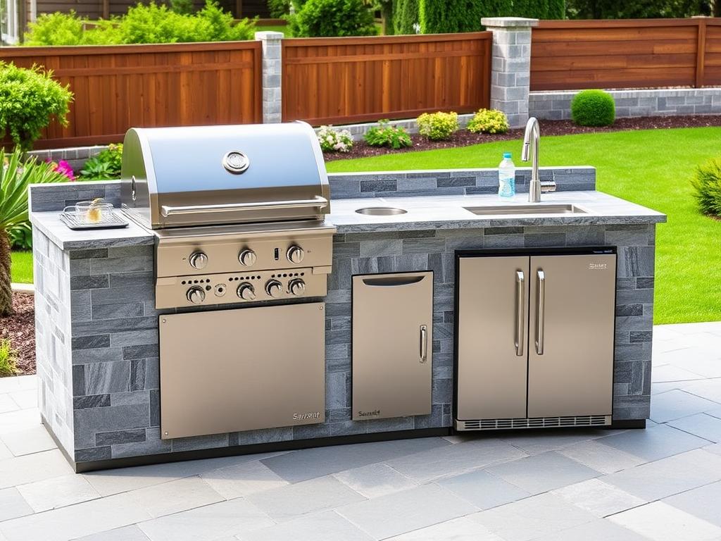 Sunzout Brand 130-inch Grey Stone Outdoor Kitchen with Grill, Side Burner, Sink and Double Refrigerator