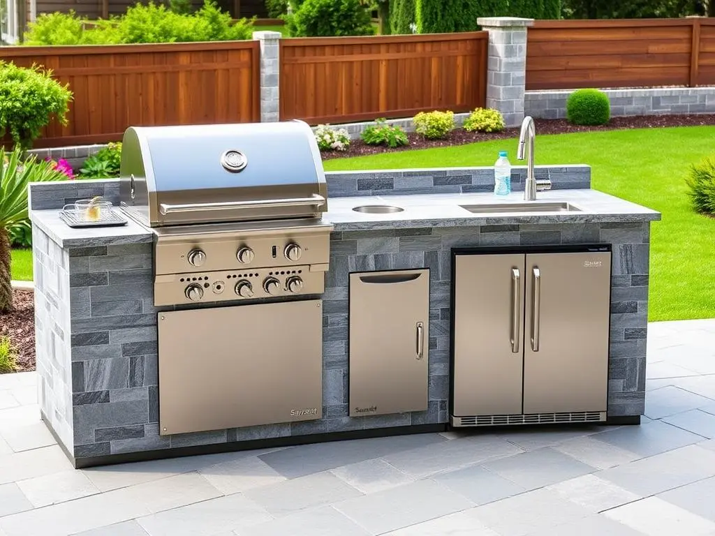 Sunzout Brand 130-inch Grey Stone Outdoor Kitchen with Grill, Side Burner, Sink and Double Refrigerator Sunzout Brand 130-inch Grey Stone Outdoor Kitchen with Grill, Side Burner, Sink and Double Refrigerator