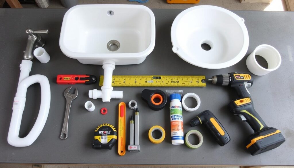 Tools and materials laid out for installing an outdoor sink