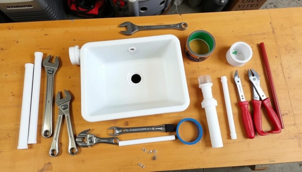 Tools and materials laid out for outdoor spigot sink installation