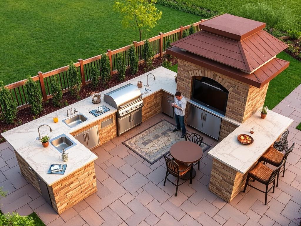 U-shaped outdoor kitchen island with sink in one corner