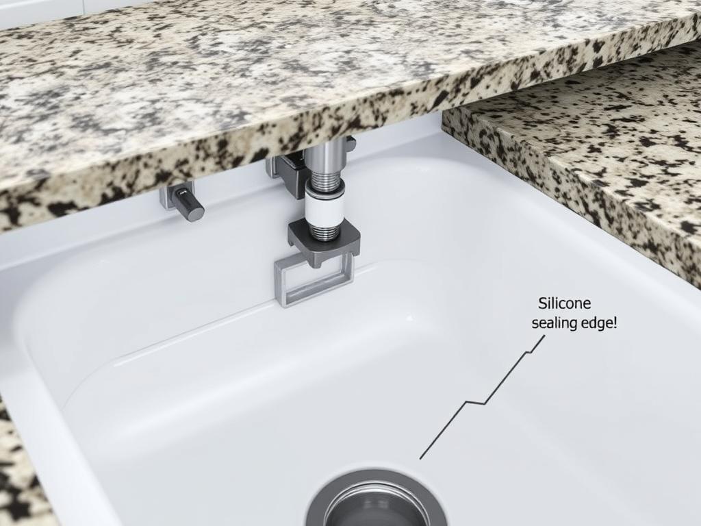 Under-mount sink installation showing the mounting clips and sealing process