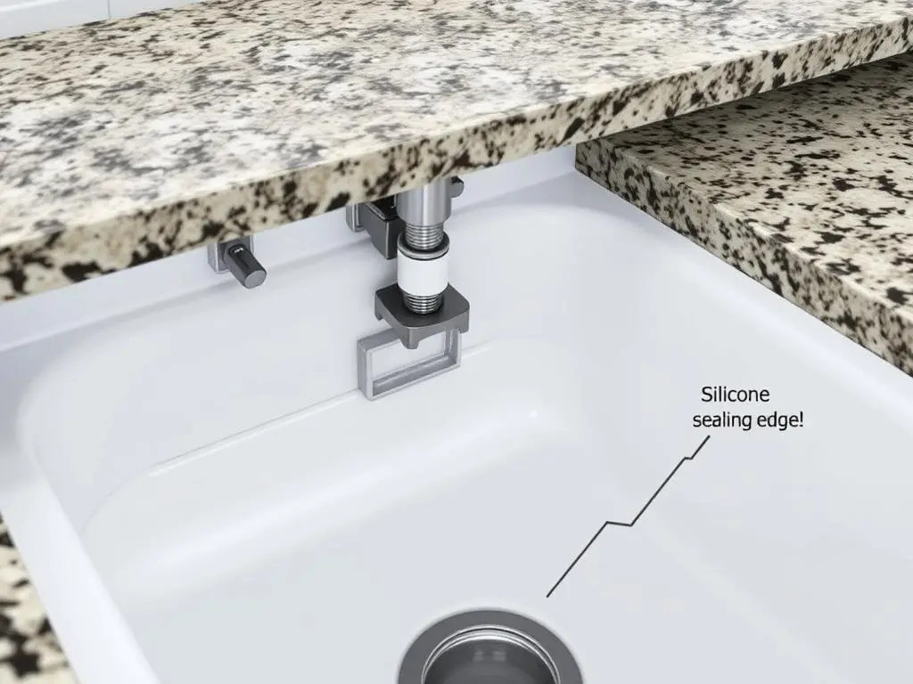 Under-mount sink installation showing the mounting clips and sealing process Under-mount sink installation showing the mounting clips and sealing process