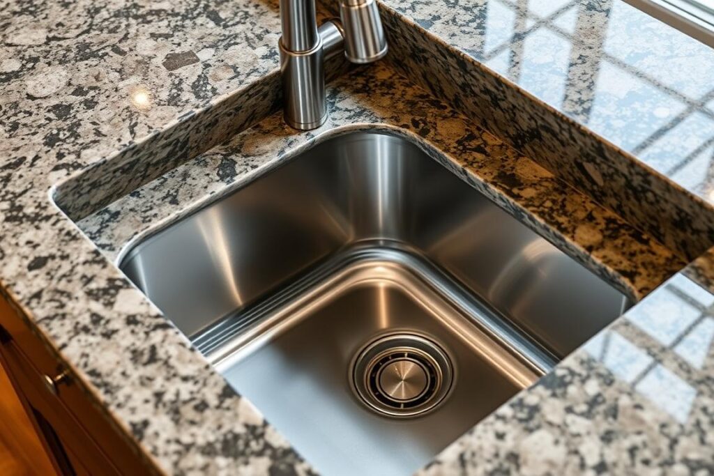 Under-mount sink showing the seamless integration with a granite countertop