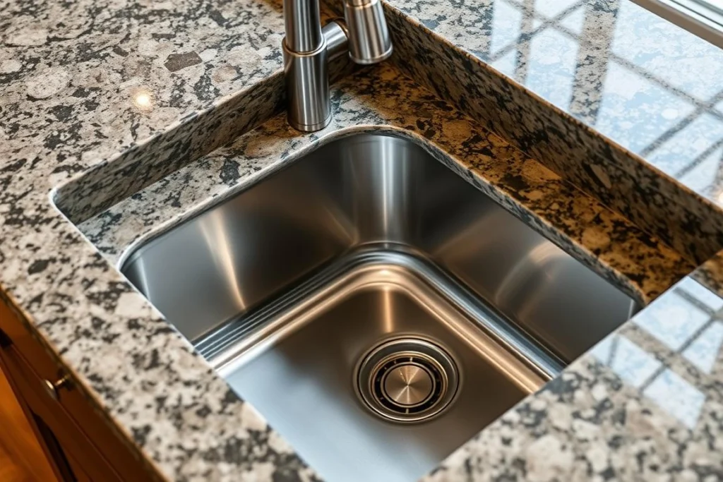 Under-mount sink showing the seamless integration with a granite countertop Under-mount sink showing the seamless integration with a granite countertop