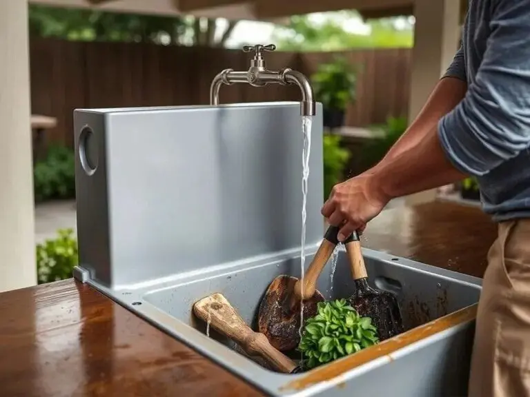 Person using outdoor laundry sink to clean gardening tools outdoor laundry sink2