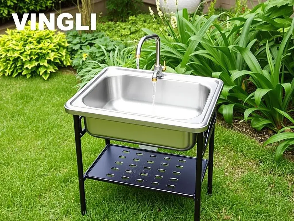 VINGLI Portable Folding Sink Station connected to outdoor spigot VINGLI Portable Folding Sink Station connected to outdoor spigot