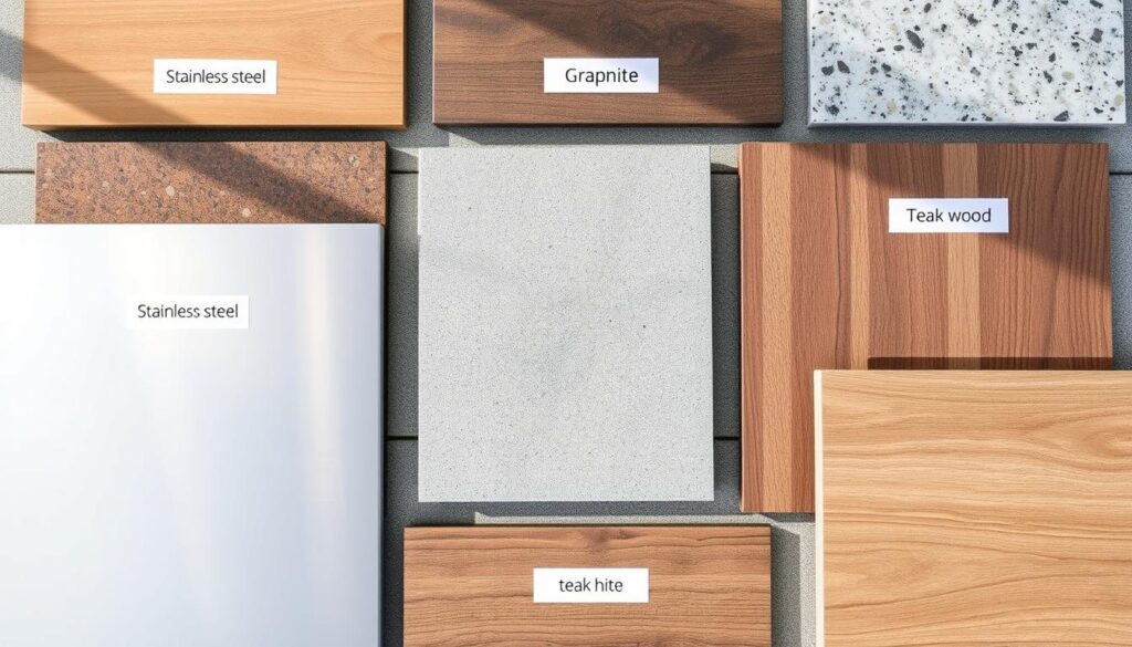 Various material samples for outdoor kitchen islands including stainless steel, granite, and concrete