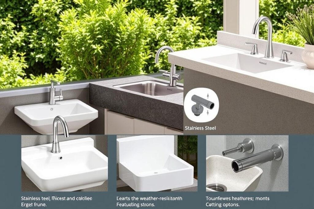 Various outdoor sink and faucet options showing different materials and styles