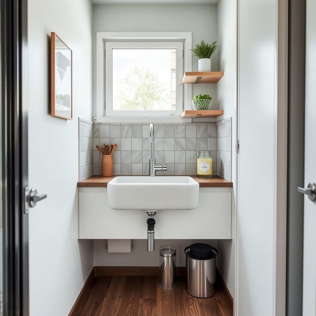 Wall-mounted sink in a compact kitchen space showing space efficiency