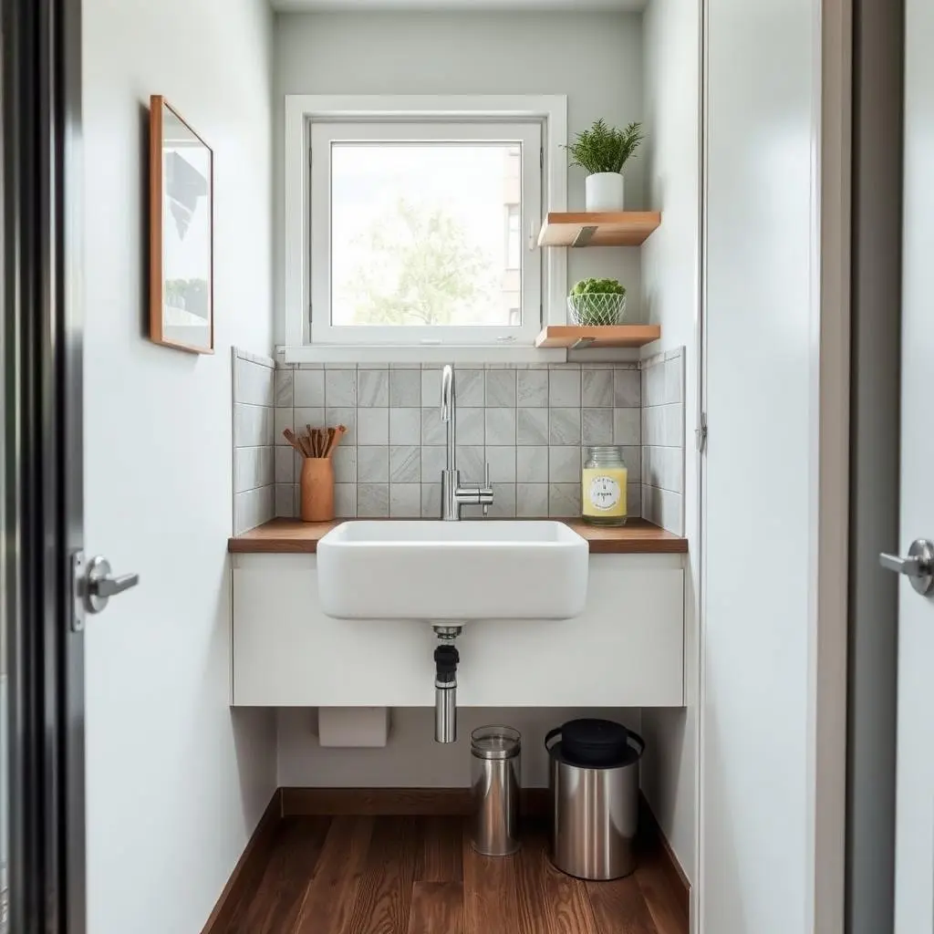 Wall-mounted sink in a compact kitchen space showing space efficiency Wall-mounted sink in a compact kitchen space showing space efficiency