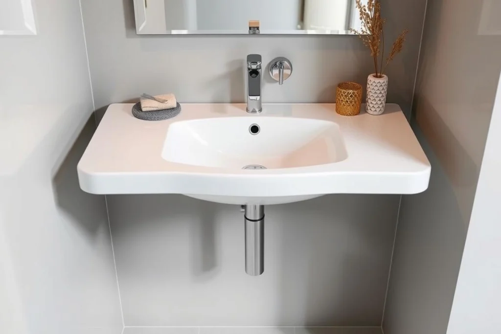 Wall-mounted sink in a modern bathroom showing the space-saving benefits Wall-mounted sink in a modern bathroom showing the space-saving benefits