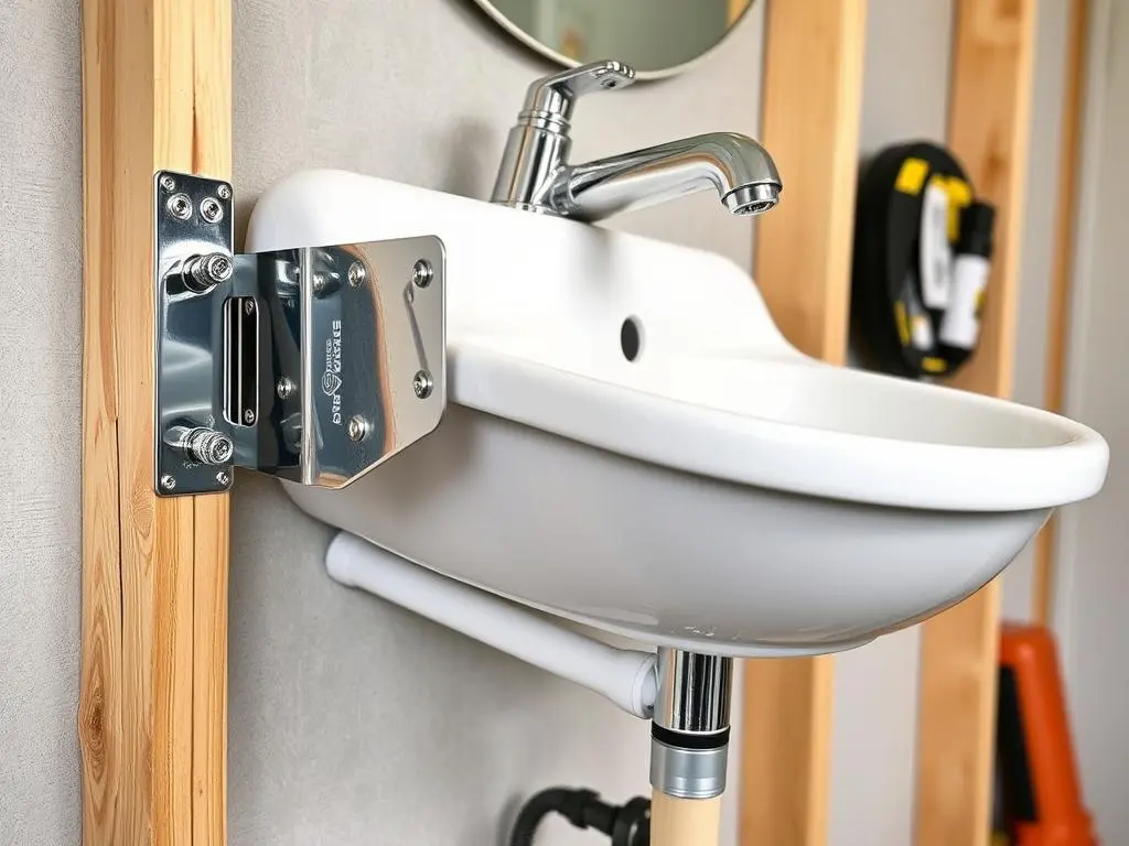 Wall-mounted sink installation showing the bracket system and plumbing connections Wall-mounted sink installation showing the bracket system and plumbing connections