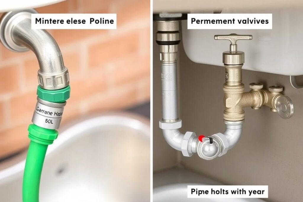 Water supply connections showing both hose adapter and permanent plumbing options