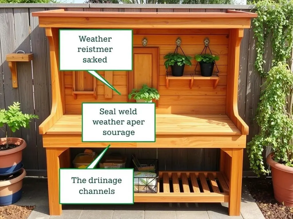 Weather-resistant potting bench with protective features against rain and sun Weather-resistant potting bench with protective features against rain and sun