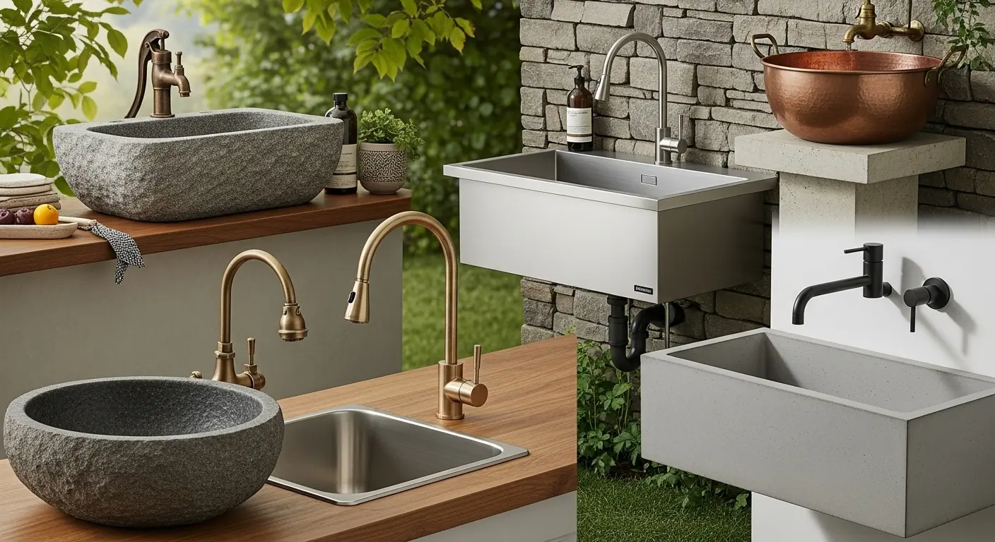 Various outdoor sink and faucet options showing different materials and styles sink and faucets