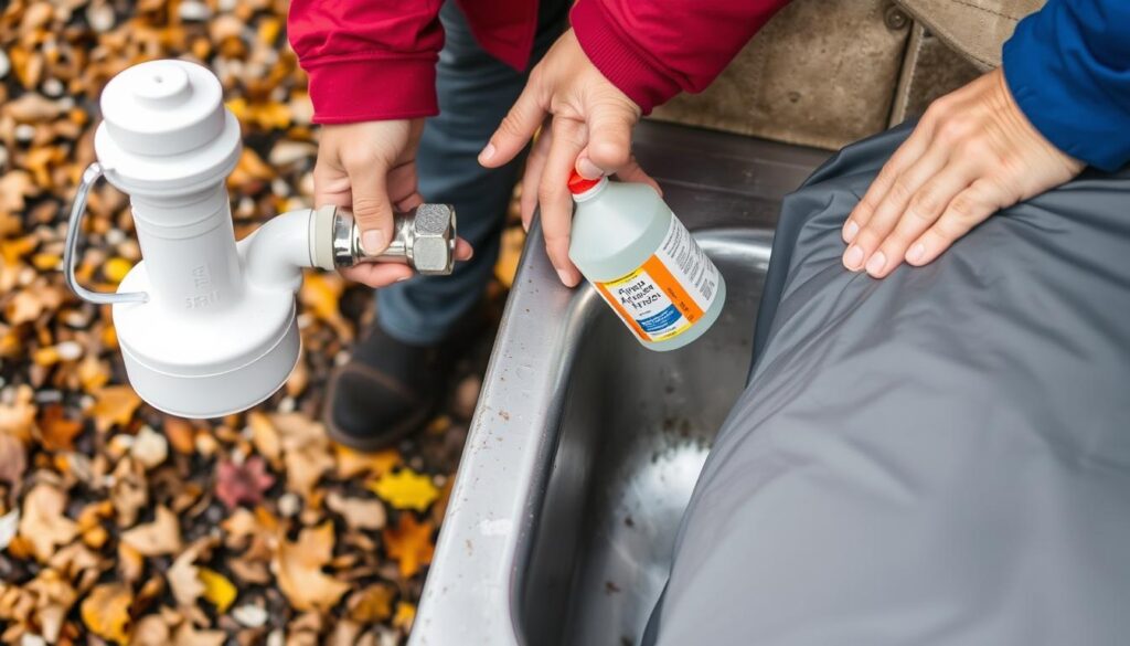 Winterizing an outdoor sink by draining water and covering for protection