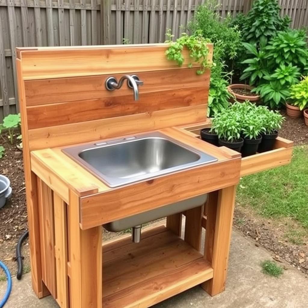 Wooden pallet outdoor kitchen sink with integrated herb garden - low budget DIY project
