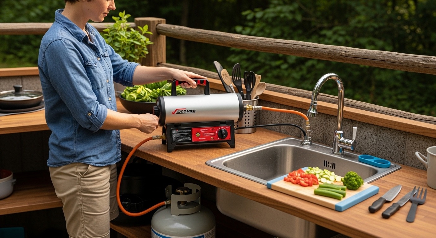 portable propane water heater with an outdoor sink