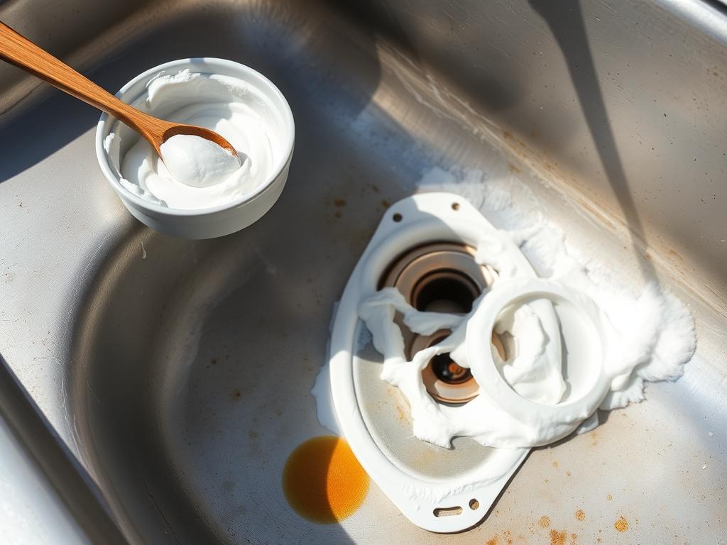 Baking soda paste being applied to stains in an outdoor sink