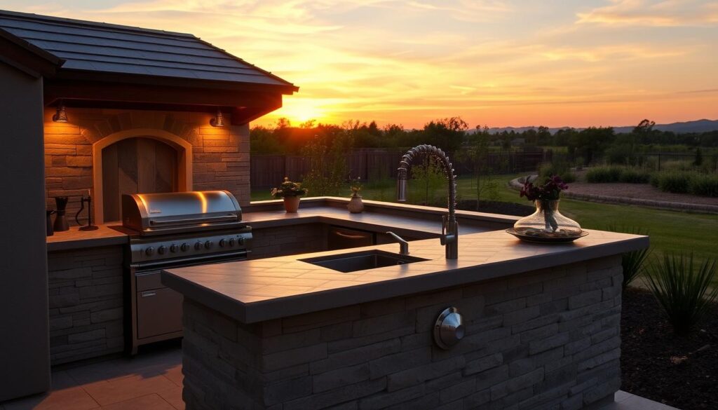 Beautiful outdoor kitchen featuring an eco-friendly sink made from sustainable materials