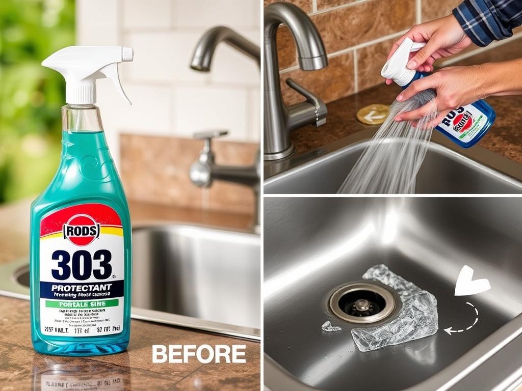 Bottle of 303 Protectant being applied to an outdoor sink area