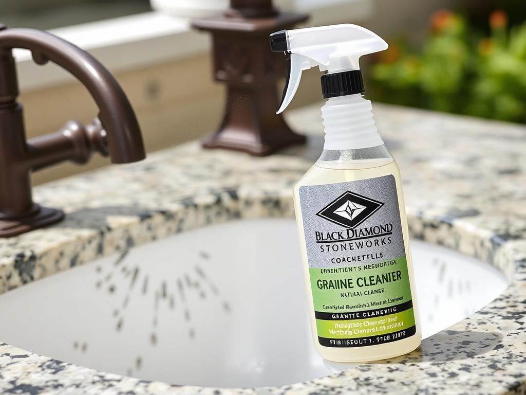 Bottle of Black Diamond Stoneworks Granite Cleaner being used on an outdoor stone sink