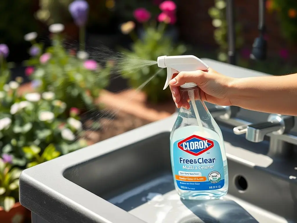 Bottle of Clorox Free & Clear Multi-Surface Cleaner being used on an outdoor composite sink Bottle of Clorox Free & Clear Multi-Surface Cleaner being used on an outdoor composite sink