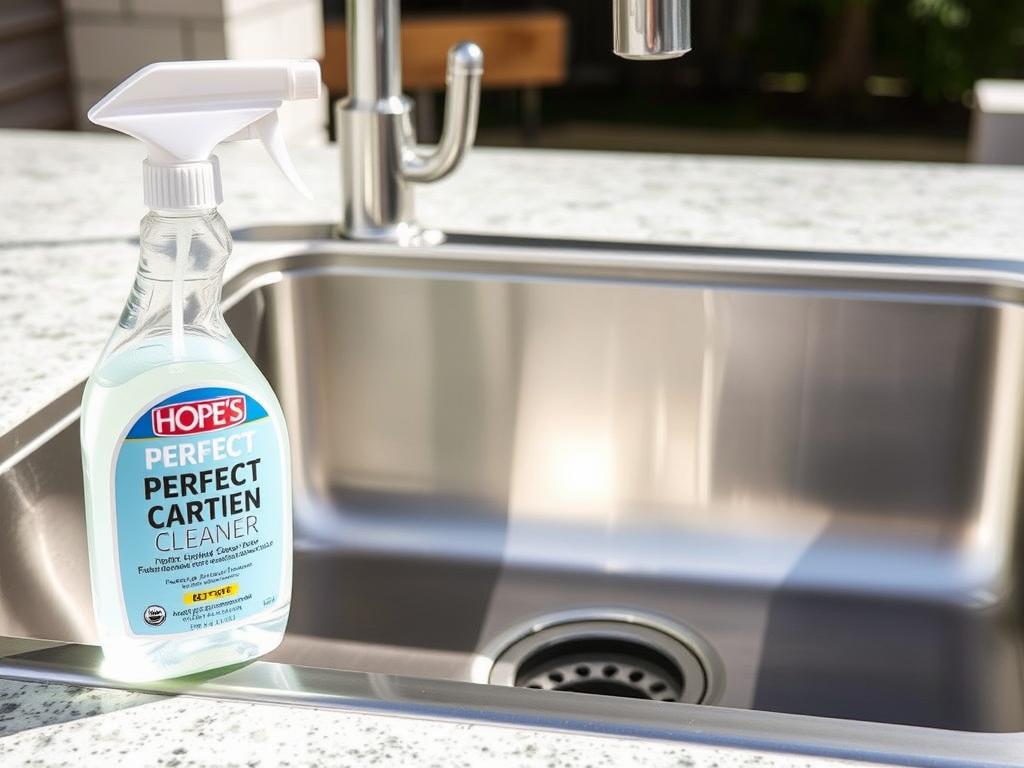Bottle of HOPE'S Perfect Sink Cleaner being used on an outdoor stainless steel sink