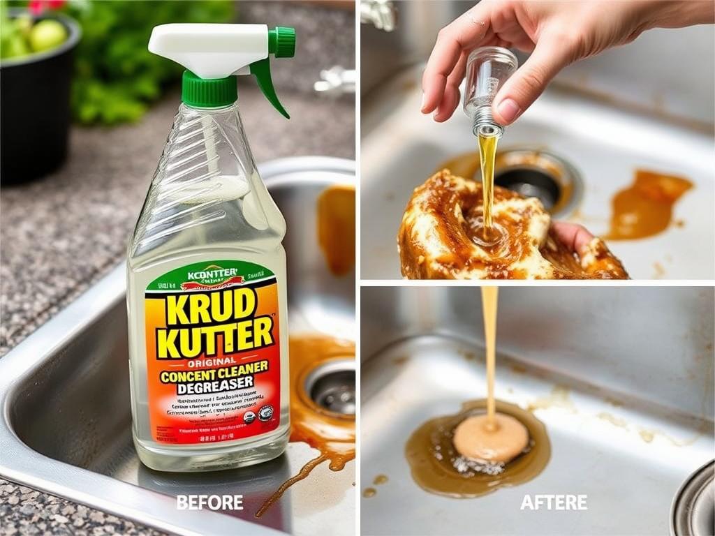 Bottle of Krud Kutter Original Concentrated Cleaner/Degreaser being used on a greasy outdoor sink