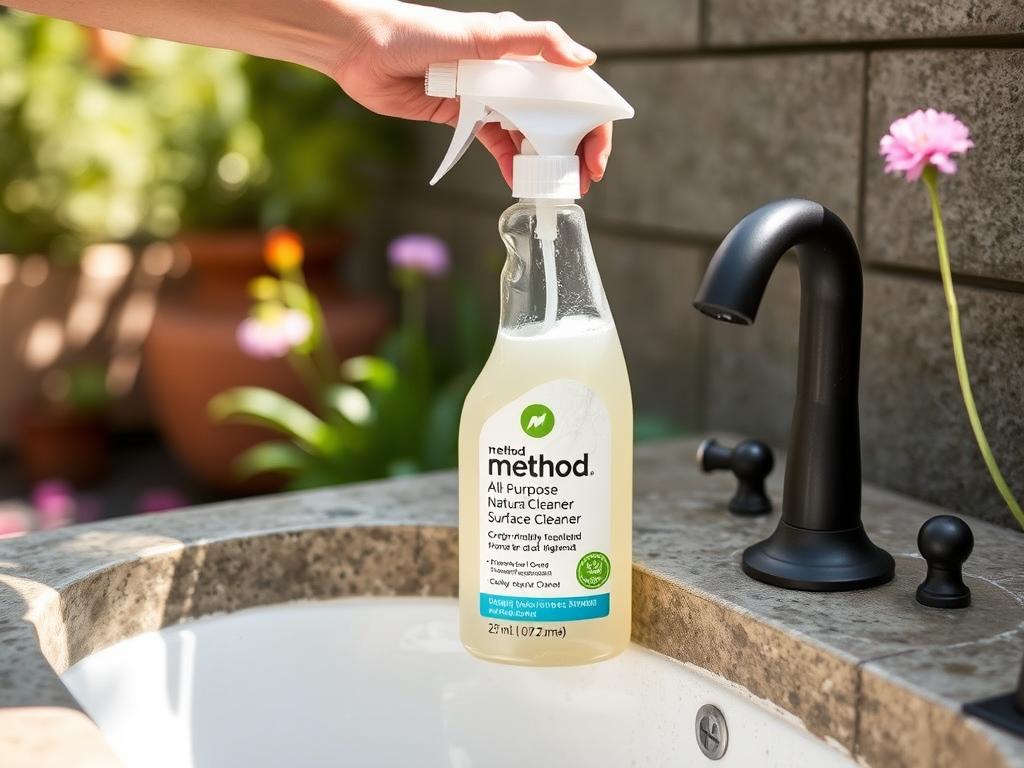Bottle of Method All-Purpose Natural Surface Cleaner being used on an outdoor sink