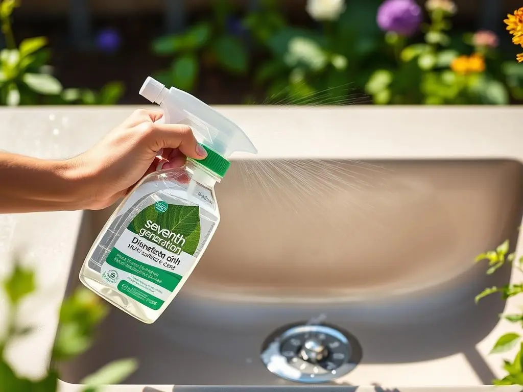 Bottle of Seventh Generation Disinfecting Multi-Surface Cleaner being used on an outdoor sink Bottle of Seventh Generation Disinfecting Multi-Surface Cleaner being used on an outdoor sink