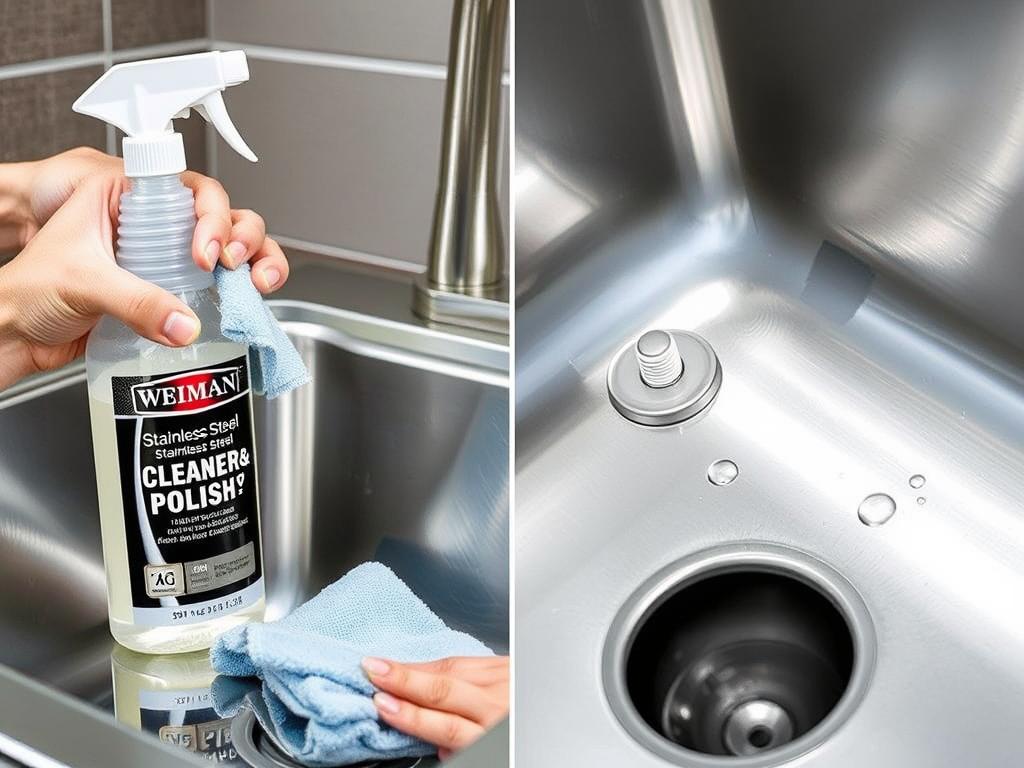 Bottle of Weiman Stainless Steel Cleaner & Polish being applied to an outdoor stainless steel sink