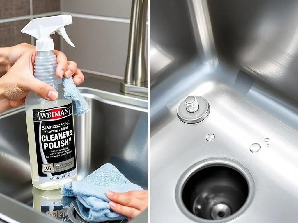 Bottle of Weiman Stainless Steel Cleaner & Polish being applied to an outdoor stainless steel sink Bottle of Weiman Stainless Steel Cleaner & Polish being applied to an outdoor stainless steel sink