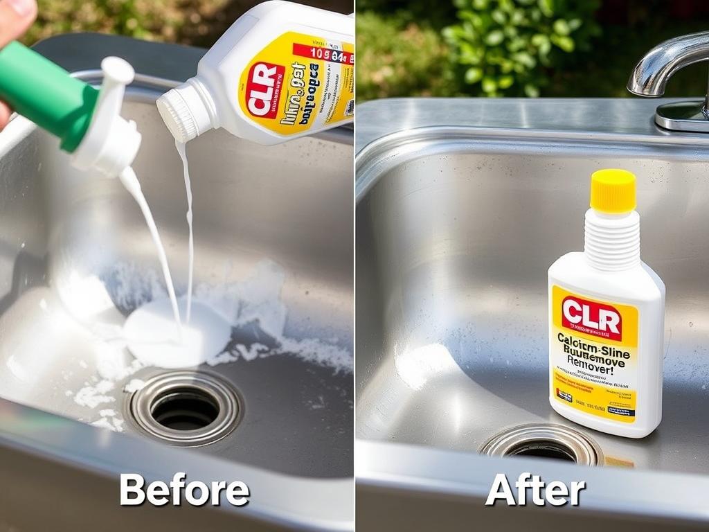 CLR Calcium, Lime & Rust Remover being applied to an outdoor sink with visible mineral deposits