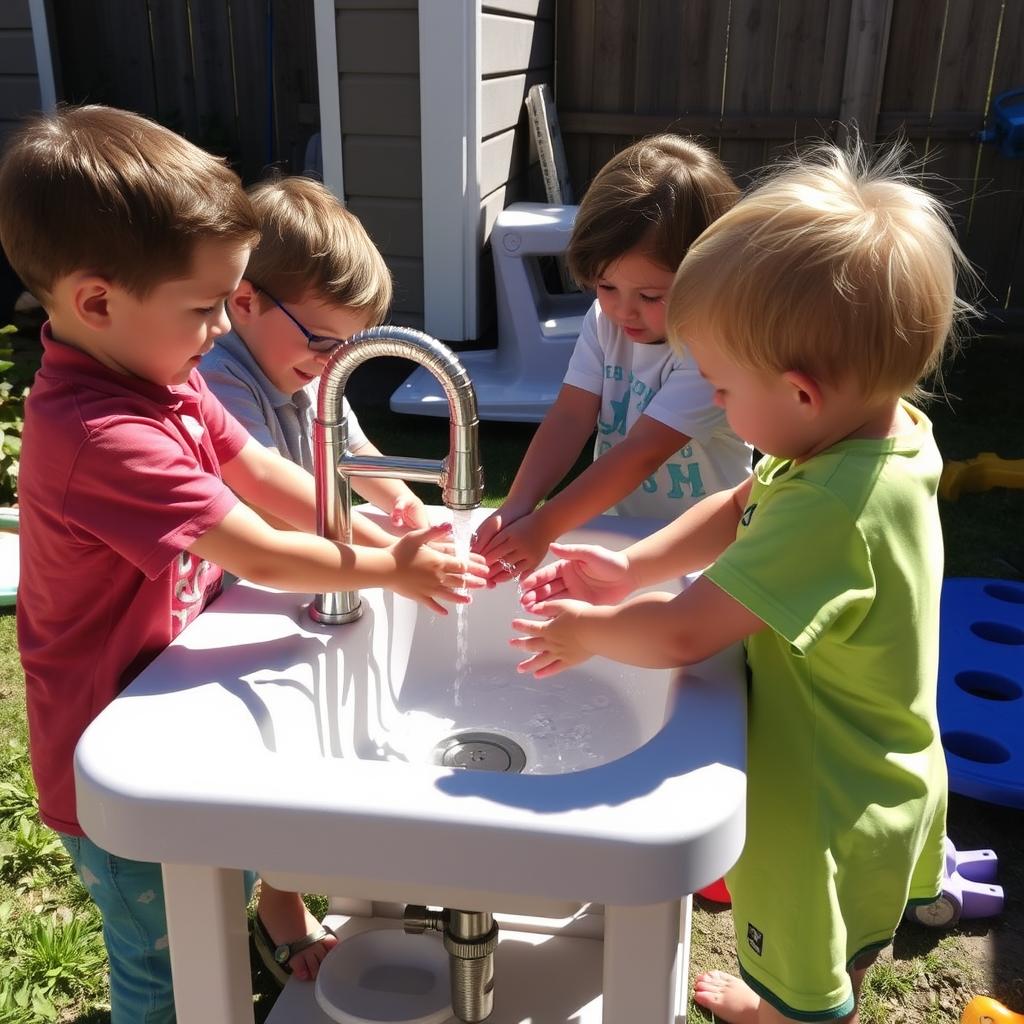 Children washing hands at outdoor sink