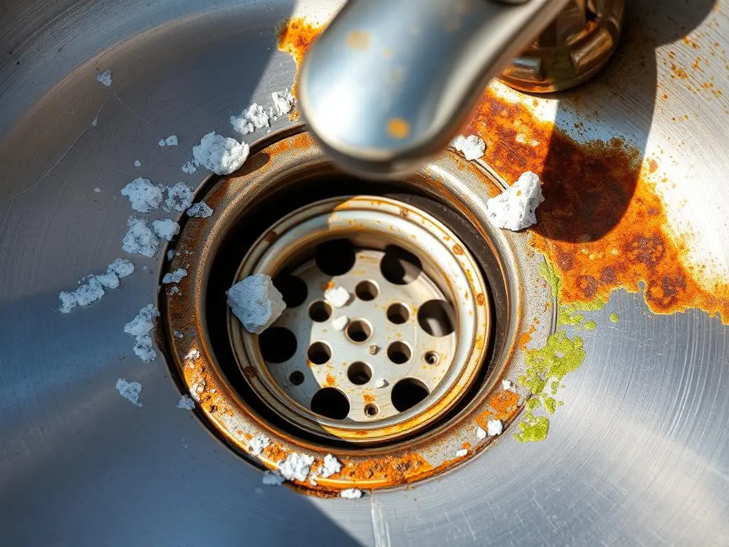 Close-up of an outdoor sink showing mineral deposits, rust stains, and organic matter buildup Close-up of an outdoor sink showing mineral deposits, rust stains, and organic matter buildup