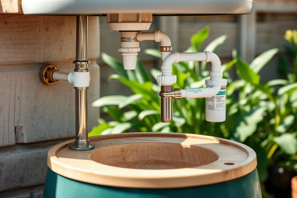 Close-up of outdoor sink with rainwater collection barrel connection Close-up of outdoor sink with rainwater collection barrel connection