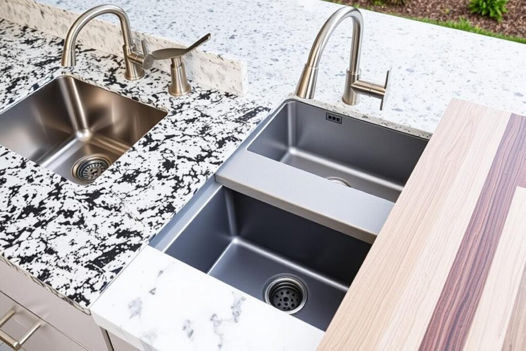 Close-up showing how stainless steel and concrete sinks integrate with different countertop materials