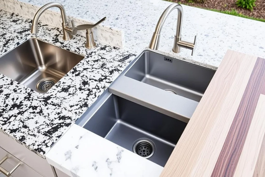 Close-up showing how stainless steel and concrete sinks integrate with different countertop materials Close-up showing how stainless steel and concrete sinks integrate with different countertop materials