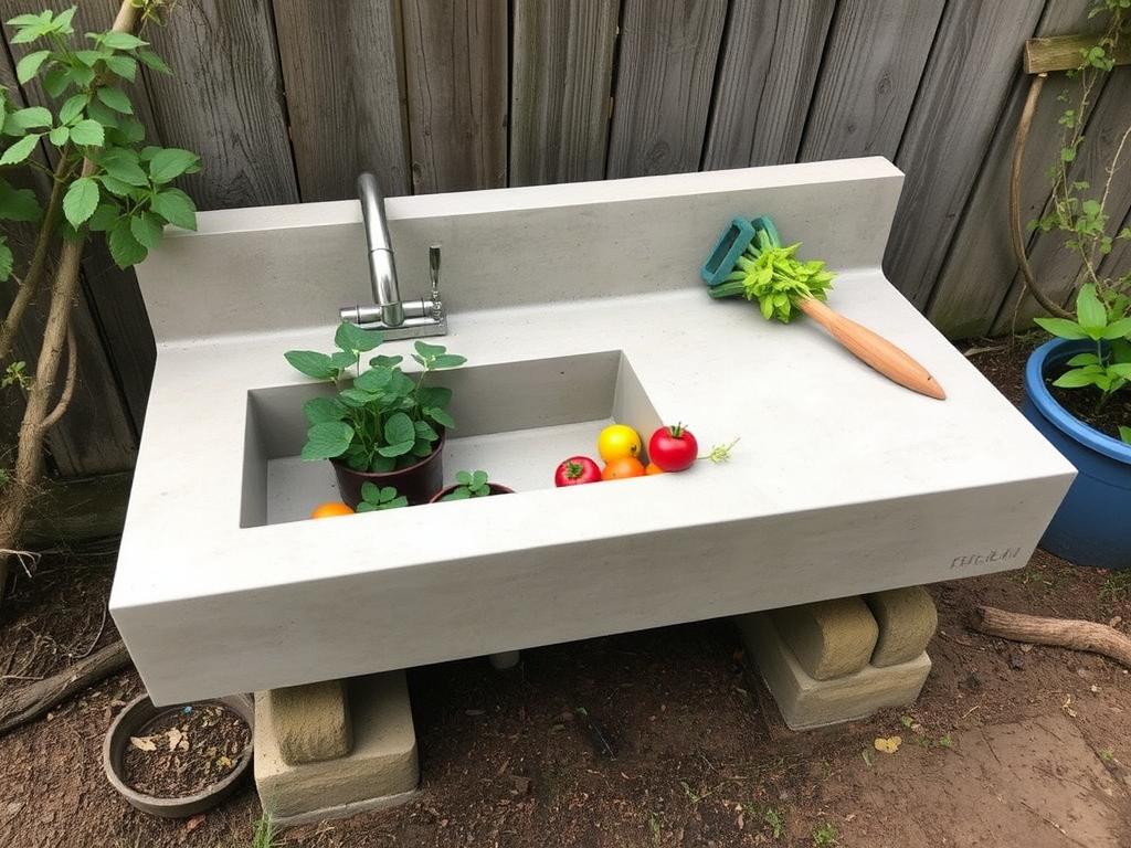Custom concrete outdoor sink in a rustic garden setting being used for plant care