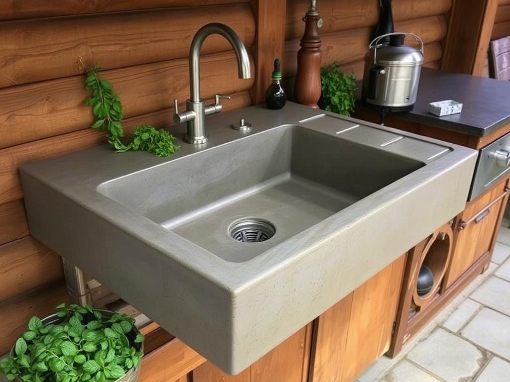 Custom concrete outdoor sink with integrated drainboard in a rustic outdoor kitchen setting
