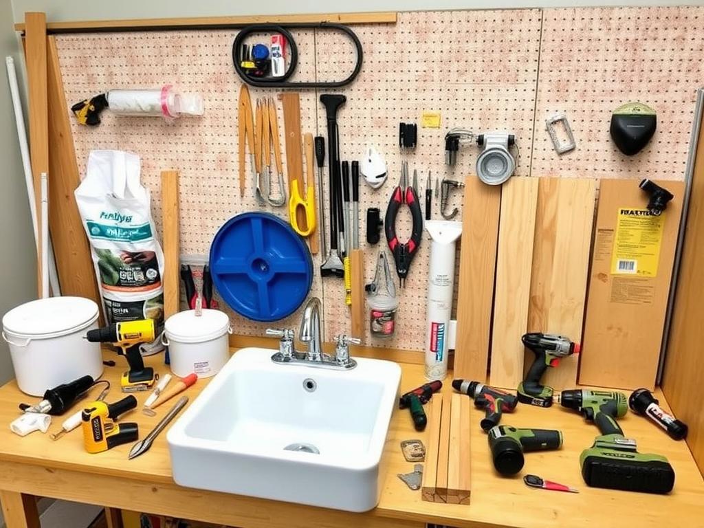 DIY outdoor sink materials and tools laid out