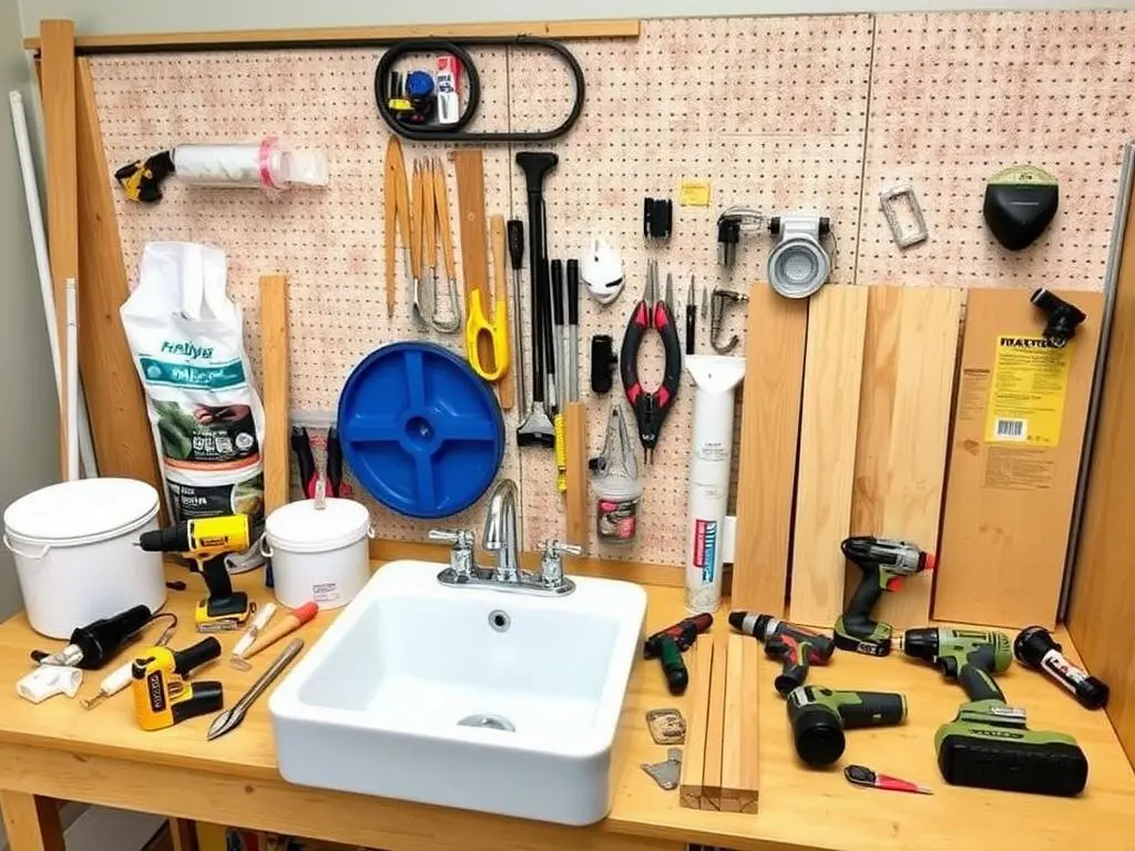 DIY outdoor sink materials and tools laid out DIY outdoor sink materials and tools laid out