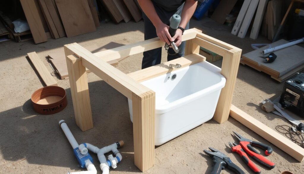 DIY outdoor sink project in progress showing materials and tools