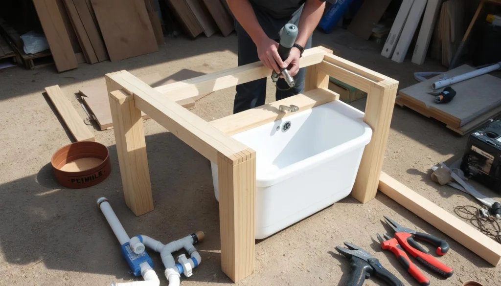 DIY outdoor sink project in progress showing materials and tools DIY outdoor sink project in progress showing materials and tools