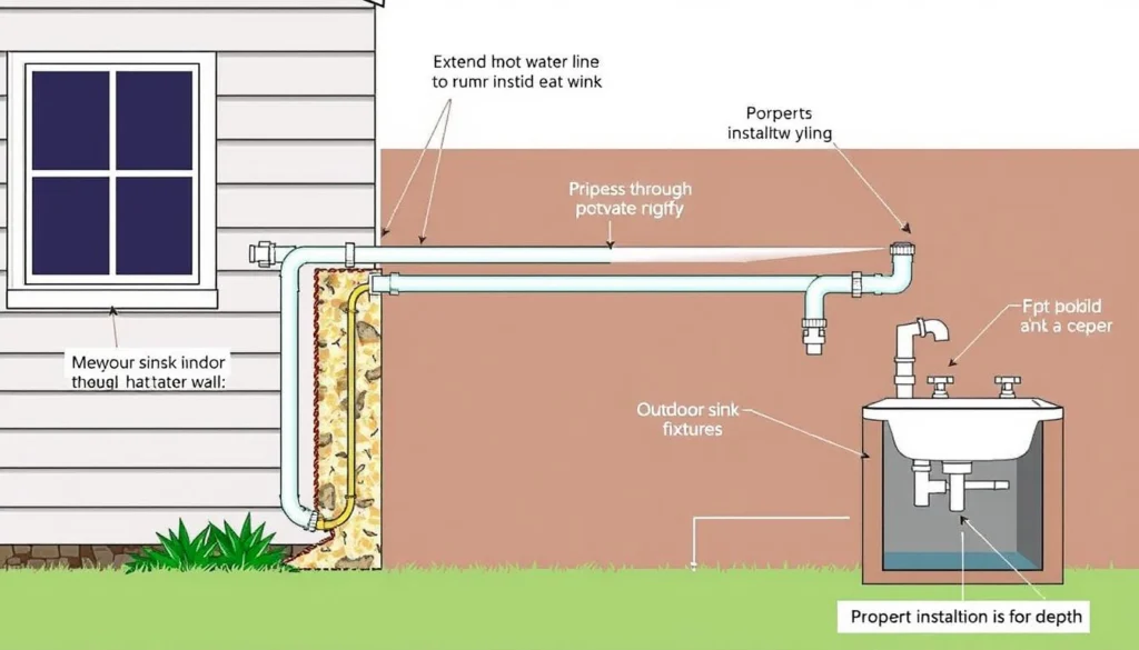 Diagram showing how to add hot water to outdoor sink by extending indoor lines Diagram showing how to add hot water to outdoor sink by extending indoor lines