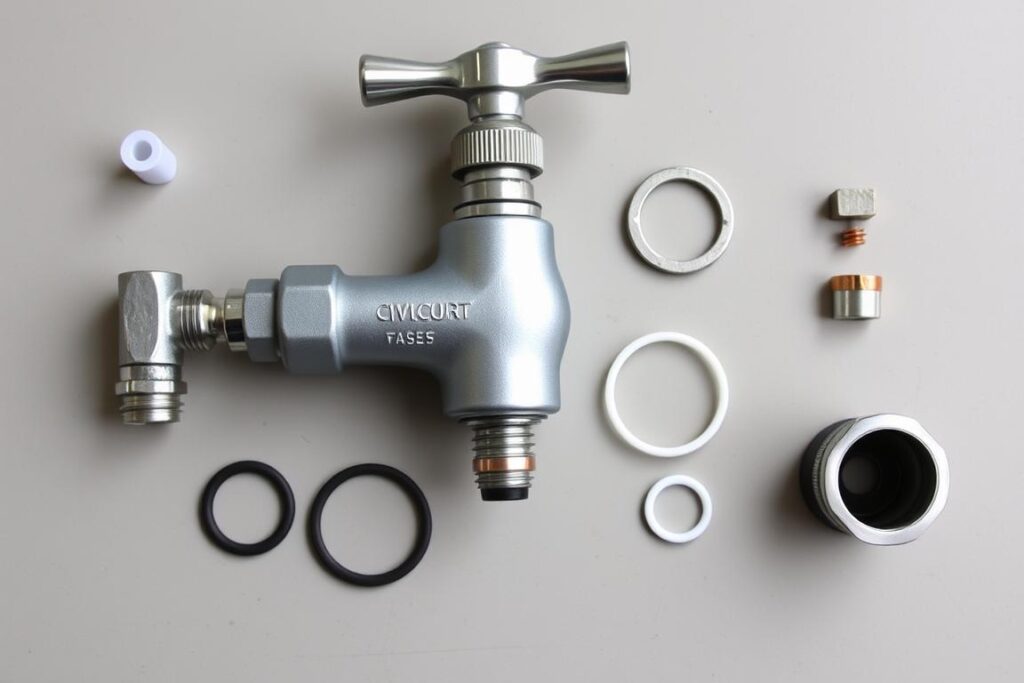 Disassembled outdoor faucet showing replaceable parts