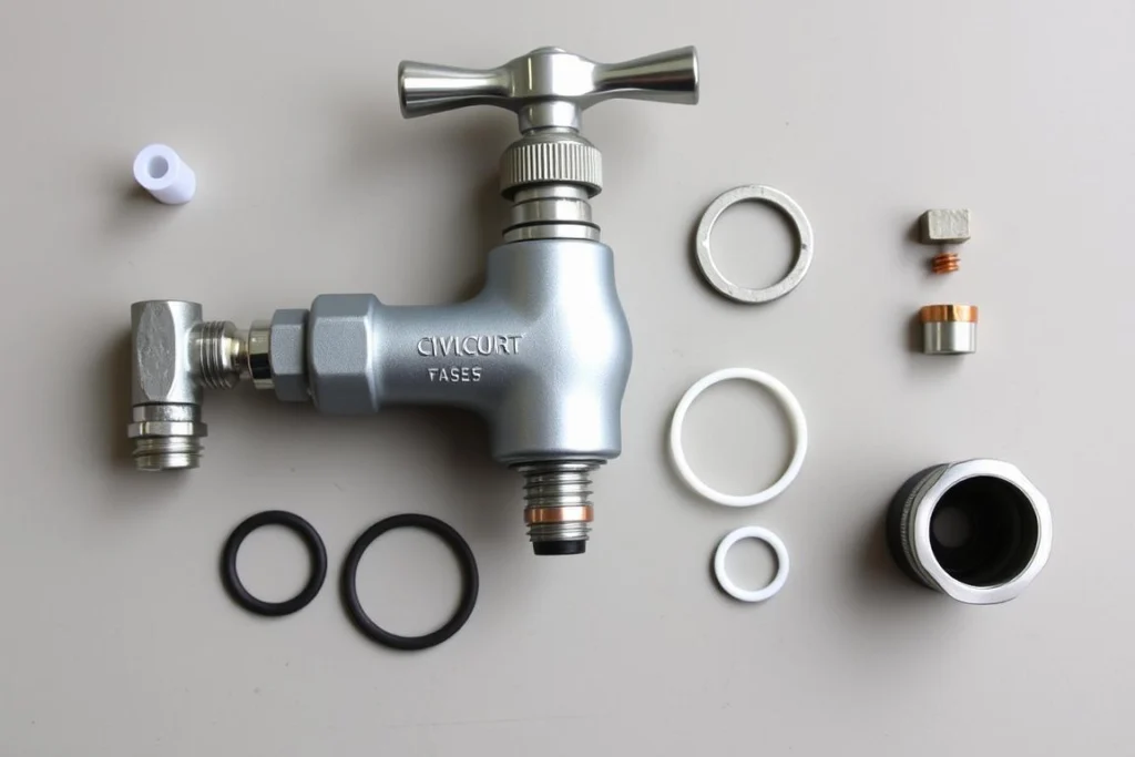 Disassembled outdoor faucet showing replaceable parts Disassembled outdoor faucet showing replaceable parts